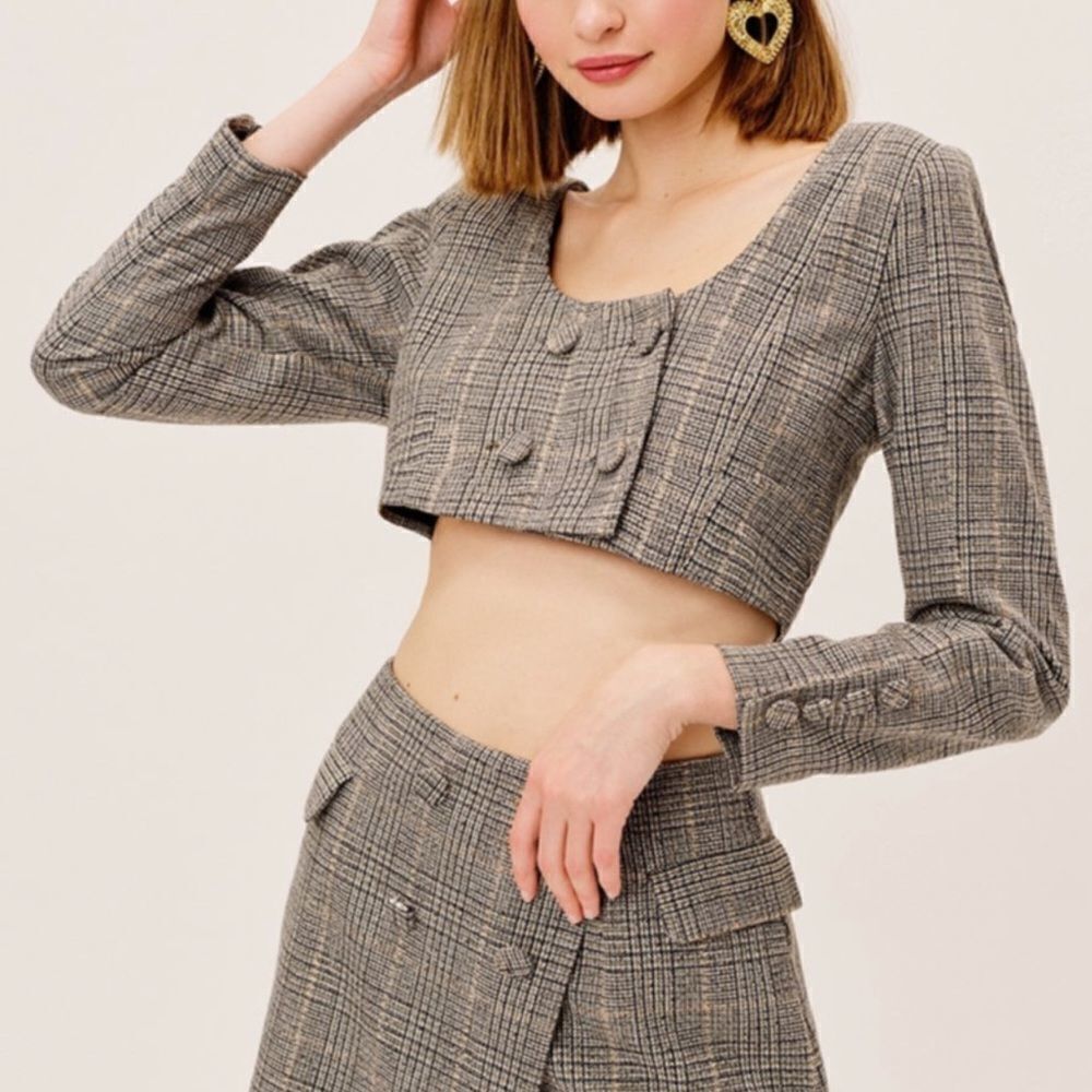 For Love & Lemons Frankie Plaid Crop Top Grey Wool Blend Large MSRP $189